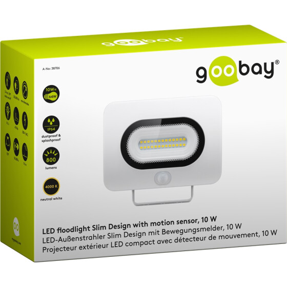 Goobay LED-Außenstrahler, 10 W, Slim Design, mit Bewegungsmelder, Weiß, 0.3 m - moderne Lichtlösung mit PIR-Sensor für Hauseingänge, Garagen, Carports & Zugangswege