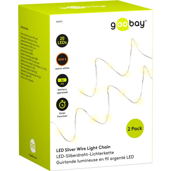 Goobay 2 x 20er LED-Silberdraht-Lichterkette, inkl. Timer - Stimmungsvolle Leuchtdekoration für den Innenbereich