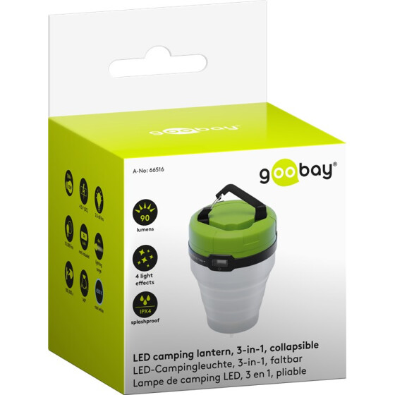 LED Campingleuchte 3-in-1 faltbar Grün-Weiß - Vielseitig einsetzbarer Begleiter für Freizeit, Parties, Camping und andere Outdooraktivitäten Camping Freizeitbedarf Leuchten Goobay 66516