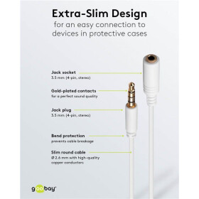 Kopfhörer- und Audio Verlängerungskabel AUX, 4-pol. 3,5 mm slim, CU, 0.5 m, Weiß - Klinke 3,5 mm Stecker (4-Pin, stereo) > Klinke 3,5 mm Buchse (4-Pin, stereo) Goobay