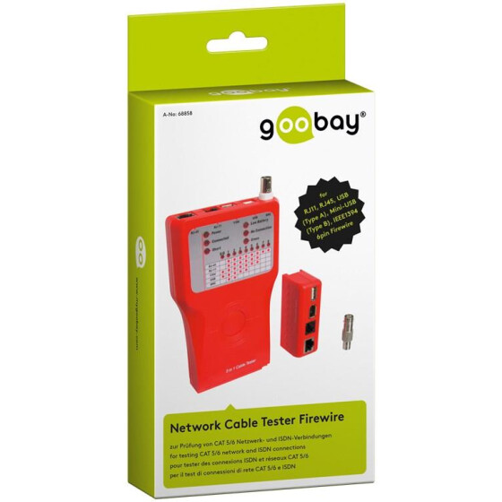 Goobay Netzwerk Kabeltester Firewire, Rot - zur Prüfung von CAT 5/6 Netzwerk- und ISDN-Verbindungen