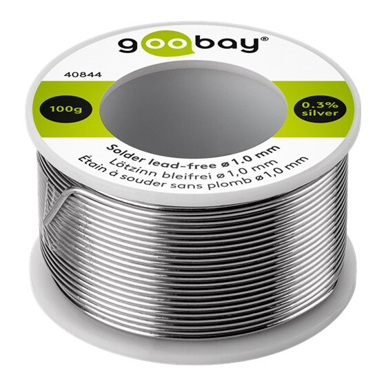 Goobay Lötzinn bleifrei, ø 1,0 mm, 100 g - Zusammensetzung: 0,3 % Silber, 0,7 % Kupfer, 96,5 % Zinn, Flußmittelanteil: 2,5 %, Schmelzpunkt 217° C