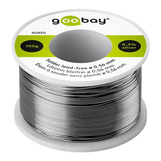 Lötzinn bleifrei ø 0,56 mm 100 g - Zusammensetzung: 0,3 % Silber, 0,7 % Kupfer, 96,5 % Zinn, Flußmittelanteil: 2,5 %, Schmelzpunkt 217° C Elektronikbedarf Goobay 40850