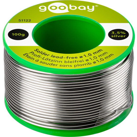 Goobay Profi-Lötzinn bleifrei, ø 1,0 mm, 100 g - Zusammensetzung: 3,5 % Silber, 0,7 % Kupfer, 93,8 % Zinn, Flußmittelanteil: 2 %, Schmelzpunkt 217° C