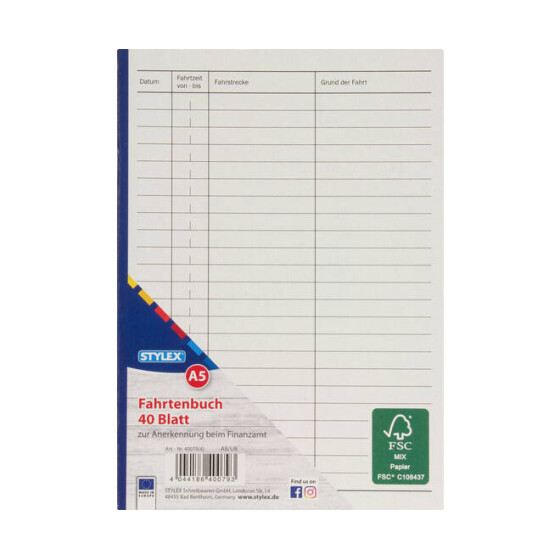 Kfz Fahrtenbuch DIN A5 40 Blatt Büro Schreibwaren Stylex 40079