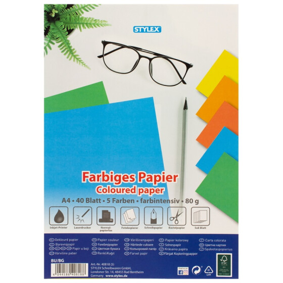 Farbiges Papier DIN A4 5 intensive Farben 40 Blatt 80g/m² zum Drucken und Basteln
