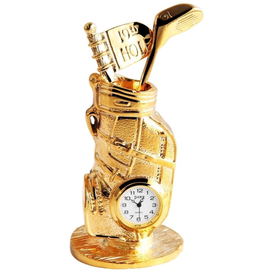 Miniaturuhr Golfschläger mit Trolley 11,3 cm Höhe goldfarben