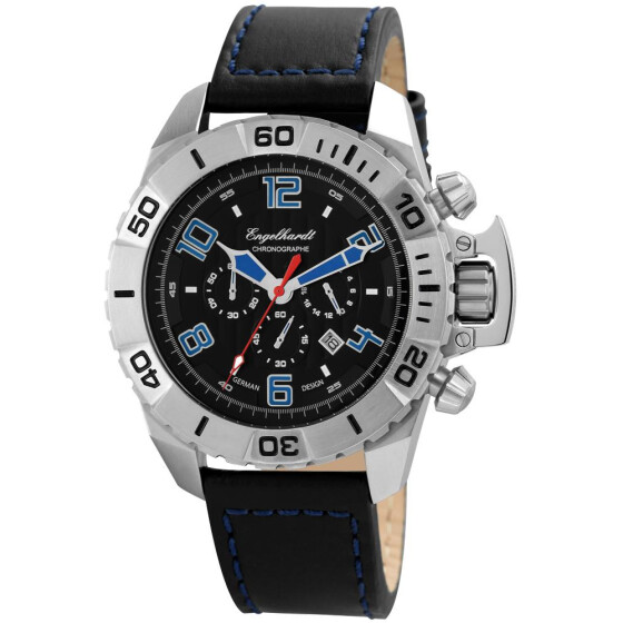 Chronograph Herrenuhr Lederarmband schwarz silbernes Gehäuse