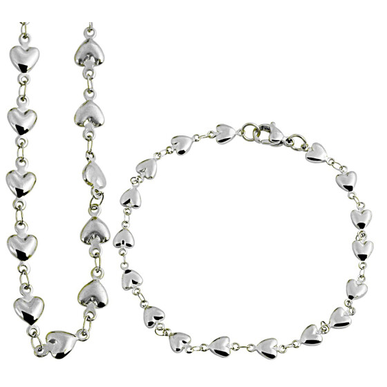 Edelstahl Schmuckset Kette 50 cm und Armband 21 cm silberfarbig Herzform