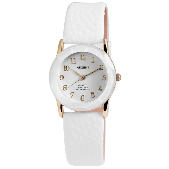 Akzent 1900046-002 Analog Damenuhr mit Kunstlederband weiß