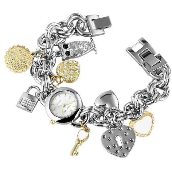 Damenuhr Armbanduhr Edelstahlkettenband bicolor Analog Quartzwerk Anhänger Herz Eule