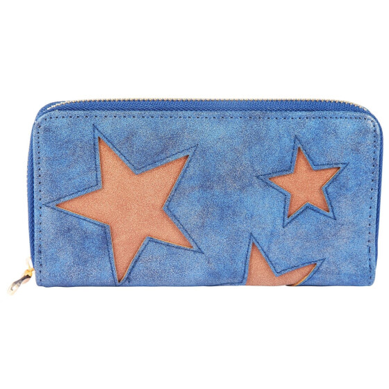 Damen Geldbörse Kunstleder 19 x 10 cm blau Sterne braun Reißverschluss