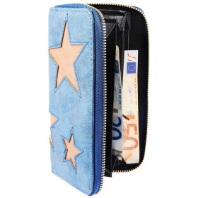 Damen Geldbörse Kunstleder 19 x 10 cm blau Sterne braun Reißverschluss