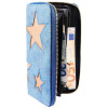 Damen Geldbörse Kunstleder 19 x 10 cm blau Sterne braun Reißverschluss