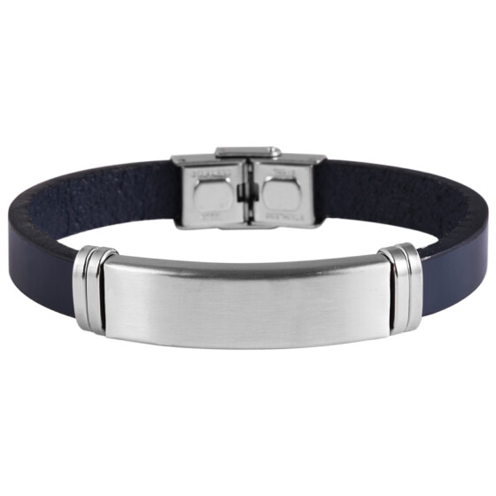 Armband Edelstahl Leder dunkelblau 21 cm lang gravurfähig Hakenverschluss