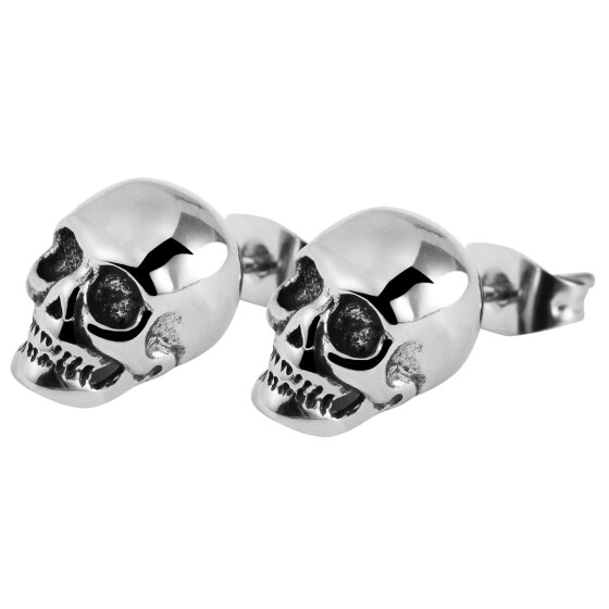 Edelstahl Ohrstecker Totenkopf silberfarben schwarz poliert  1,3 cm Länge Flügelschraube Akzent 5050062-001