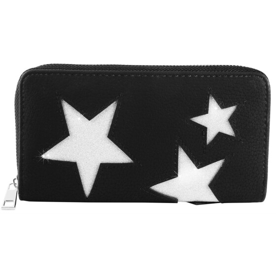 Damen Geldbörse Kunstleder 19 x 10 cm schwarz Sterne silber mit Glitzer