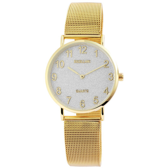 Analog Damenuhr Armbanduhr Edelstahlmeshband goldfarben glitzerndes Ziffernblatt Quartzwerk