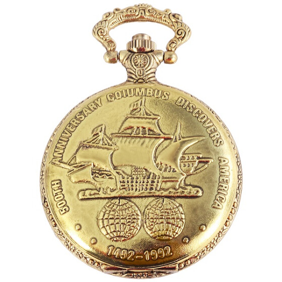 Taschenuhr Segelschiff Columbus goldfarben Quarzwerk Uhr 12 Krone Savonnette