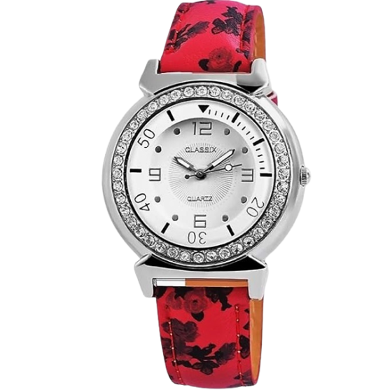 Damenuhr Armbanduhr Kunstlederarmband rot/schwarz Analog Quartzwerk