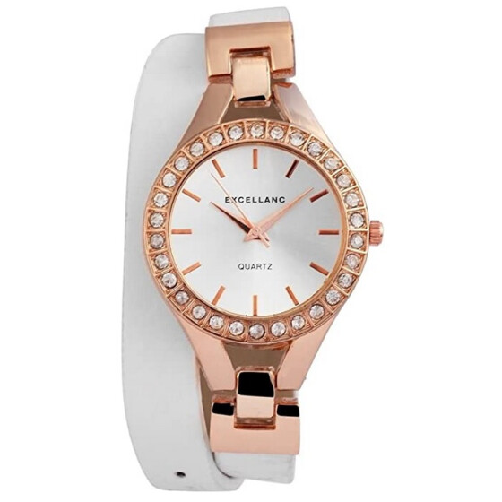 Damenuhr Armbanduhr Kunstleder Wickelband weiß 43 cm Steinbesatz Analog