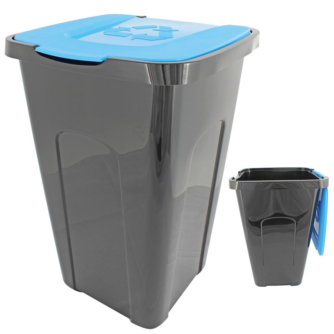 Abfalltonne Recycling, 50 Liter, 56 x 36 x 36cm, Mülleimer Tonne Schwarz,  Deckel BLAU