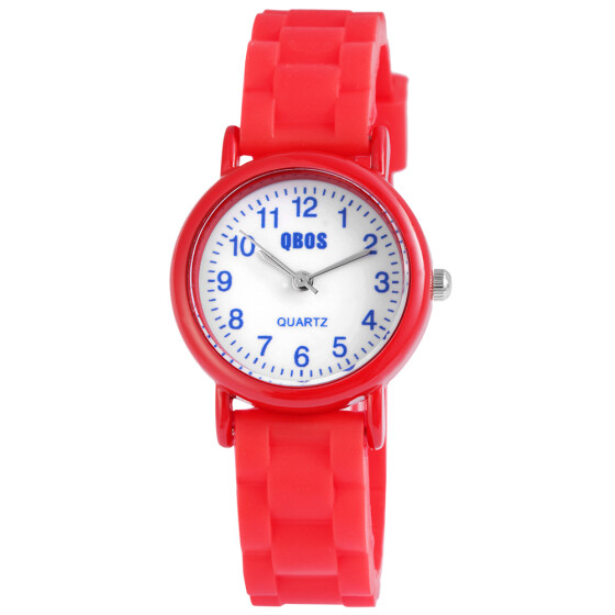 Kinderuhr Silikon Armband rot blaue Ziffern QBOS Analog Quartzwerk