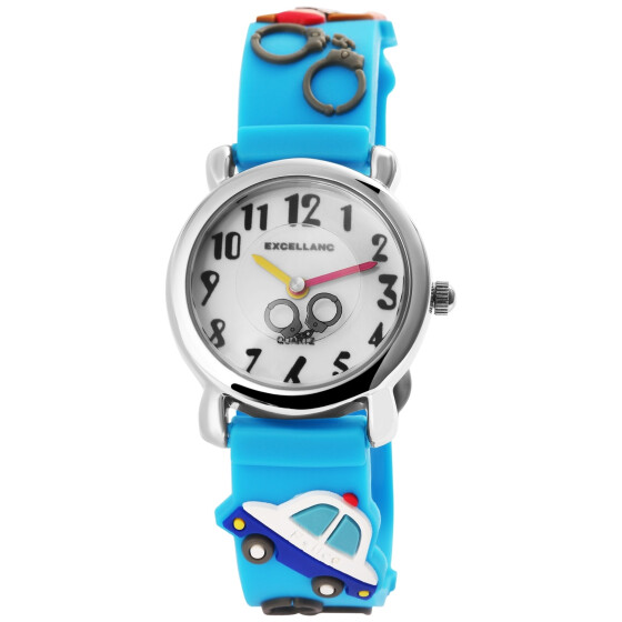 Excellanc Kinderuhr Polizeimotiv blau Silikonband Lernuhr farbige Zeiger