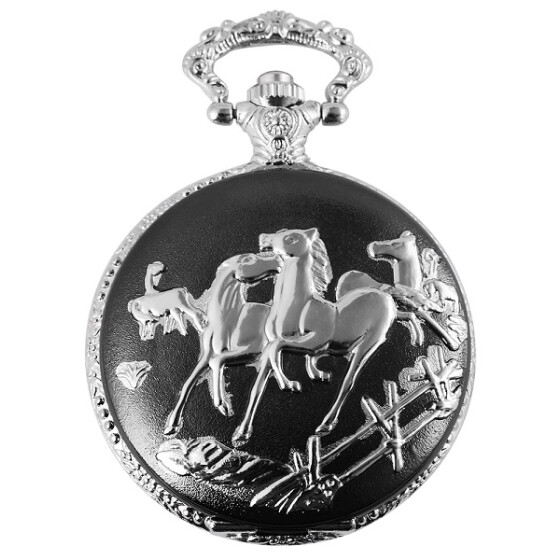 Analog Taschenuhr schwarz mit silberfarbenen "Pferde" Quartzwerk