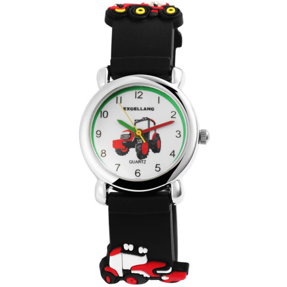 Excellanc 4500028-002 Kinderuhr "roter Traktor" - schwarzes Siikonband