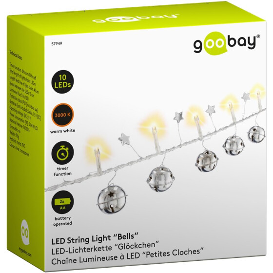 10er LED Lichterkette Glöckchen Timer Funktion warm-weiß 3000 K Batteriebetrieben Dekobedarf Goobay 57949
