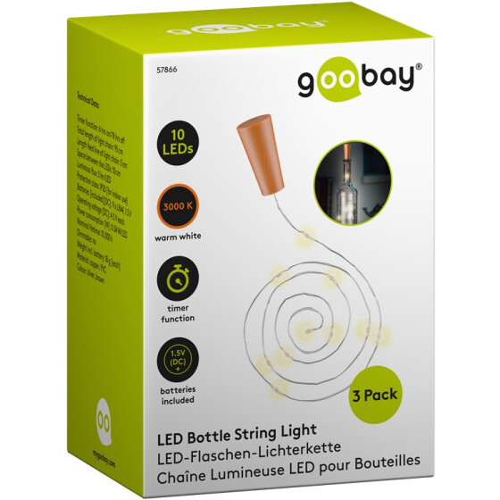 Goobay 3 x 10er LED Flaschen-Lichterkette, inkl. Timer - Stimmungsvolle Leuchtdekoration für Glasflaschen