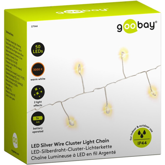 Goobay 50er LED Silberdraht Cluster Lichterkette - mit 2 Leuchtmodi, warm-weiß (3000 K), batteriebetrieben, für den Innen- und Außenbereich (IP44)