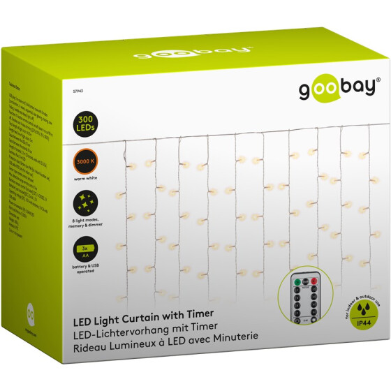 Goobay 300er LED-Lichtervorhang mit Fernbedienung, Timer-Funktion, 8 Leuchtmodi, Dimmer, USB- und Batteriebetrieb, warm-weiß (3000 K)
