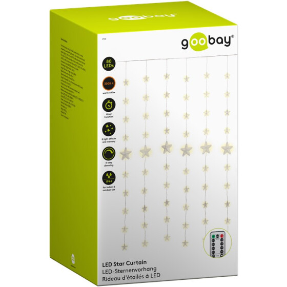 Goobay 80er LED Sternenvorhang mit Fernbedienung, Timer-Funktion, 8 Leuchtmodi, Dimmer und 31 V-Außentrafo, warm-weiß (3000 K)