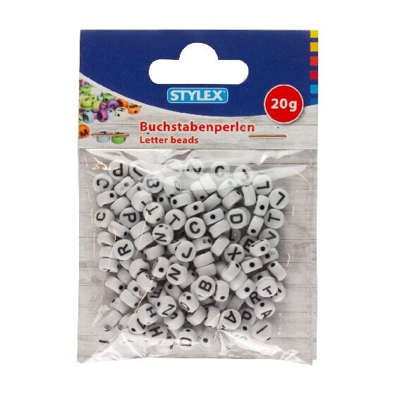 Buchstabenperlen weiß 20 g schwarze Buchstaben mit Loch