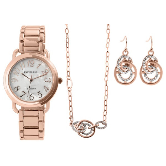 Damen Geschenkset mit Uhr, Ohrringen und Halskette roségoldfarbig Analog Excellanc