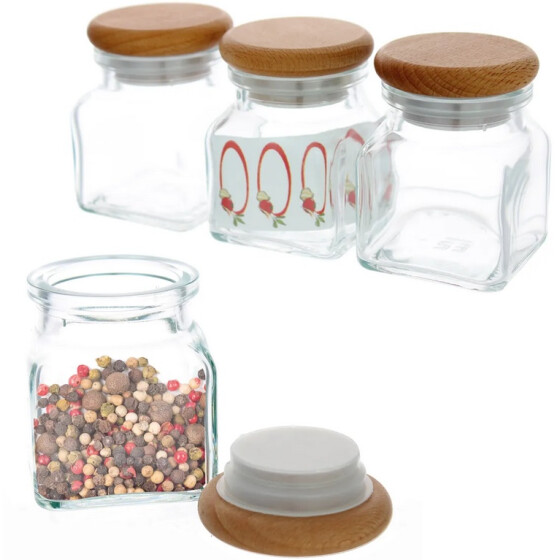 Centi MARBURG Gewürzgläser Echtglas Buchenholzdeckel 3er Set 120 ml d= 5,5 x 6 x 7,5