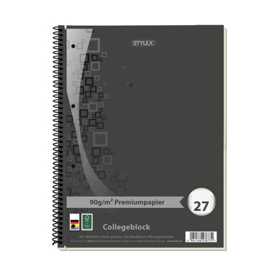 Stylex 43877 Collegeblock A4 Premiumpapier liniert 90g/m² weiß 4-fach gelocht 80 Blatt