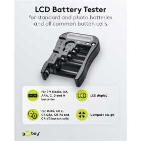 LCD Batterietester schwarz Standard- und Fotobatterien Knopfzellen Elektronik Messgeräte Goobay 64889