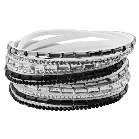 Wickelarmband Kunstleder weiß mit silbernen und schwarzen Pailetten Druckkopfverschluss