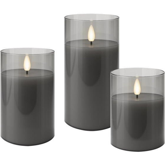 3er-Set LED Echtwachs Kerzen im Glas grau-transparent Timerfunktion warmweiß