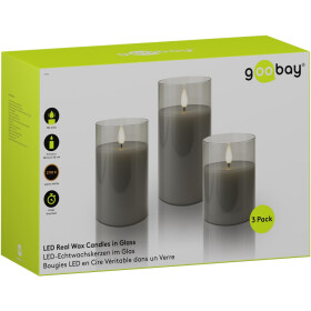 3er-Set LED Echtwachs Kerzen im Glas grau-transparent Timerfunktion warmweiß